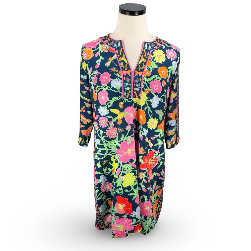 Gretchen Scott Navy Floral Hummingbird Tunic Dress XXL Goddess Pink Piping